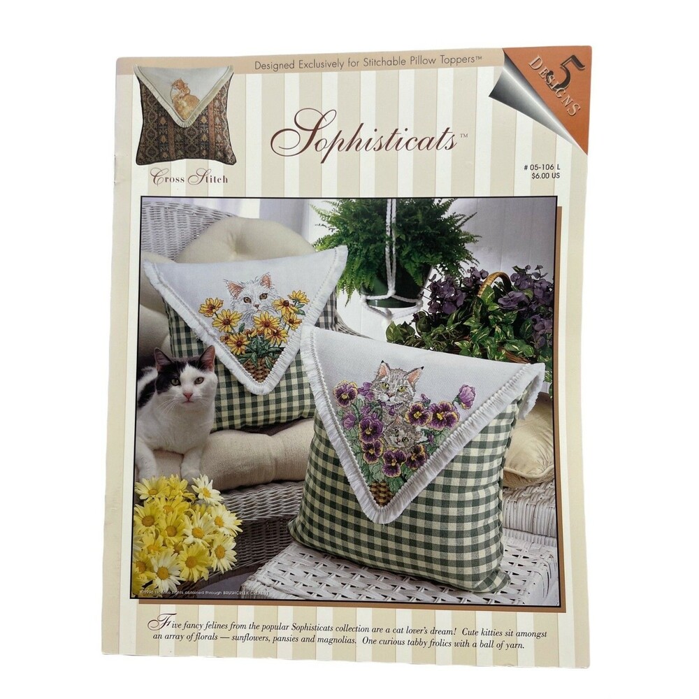 Sophisticats Pillow Topper Cross Stitch Booklet Murphy Cat Kitten Pansies Yarn